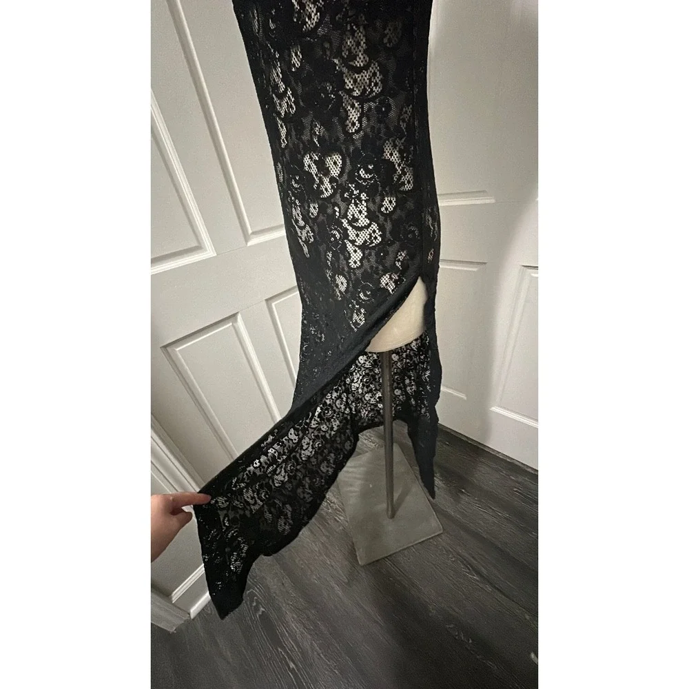 Vintage Victoria's Secret Black Lace Slip Dress Midi Side Slit Small Made in USA